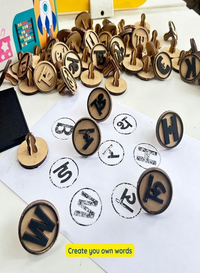 Ansoz Wooden English & Hindi Alphabet Stamps Combo Set with Ink Box, Educational Learning Kit (03) - Image 5